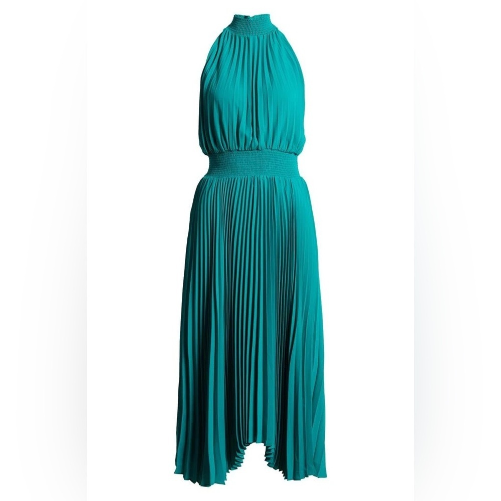 HALOGEN Pleated Sharkbite Hem Midi Dress In Miami Green M - Picture 6 of 8